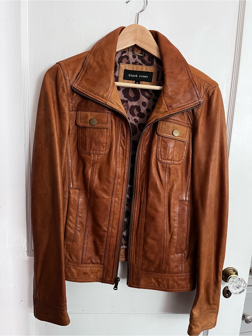 Black Rivet Brown Leather Bomber Jacket Size M